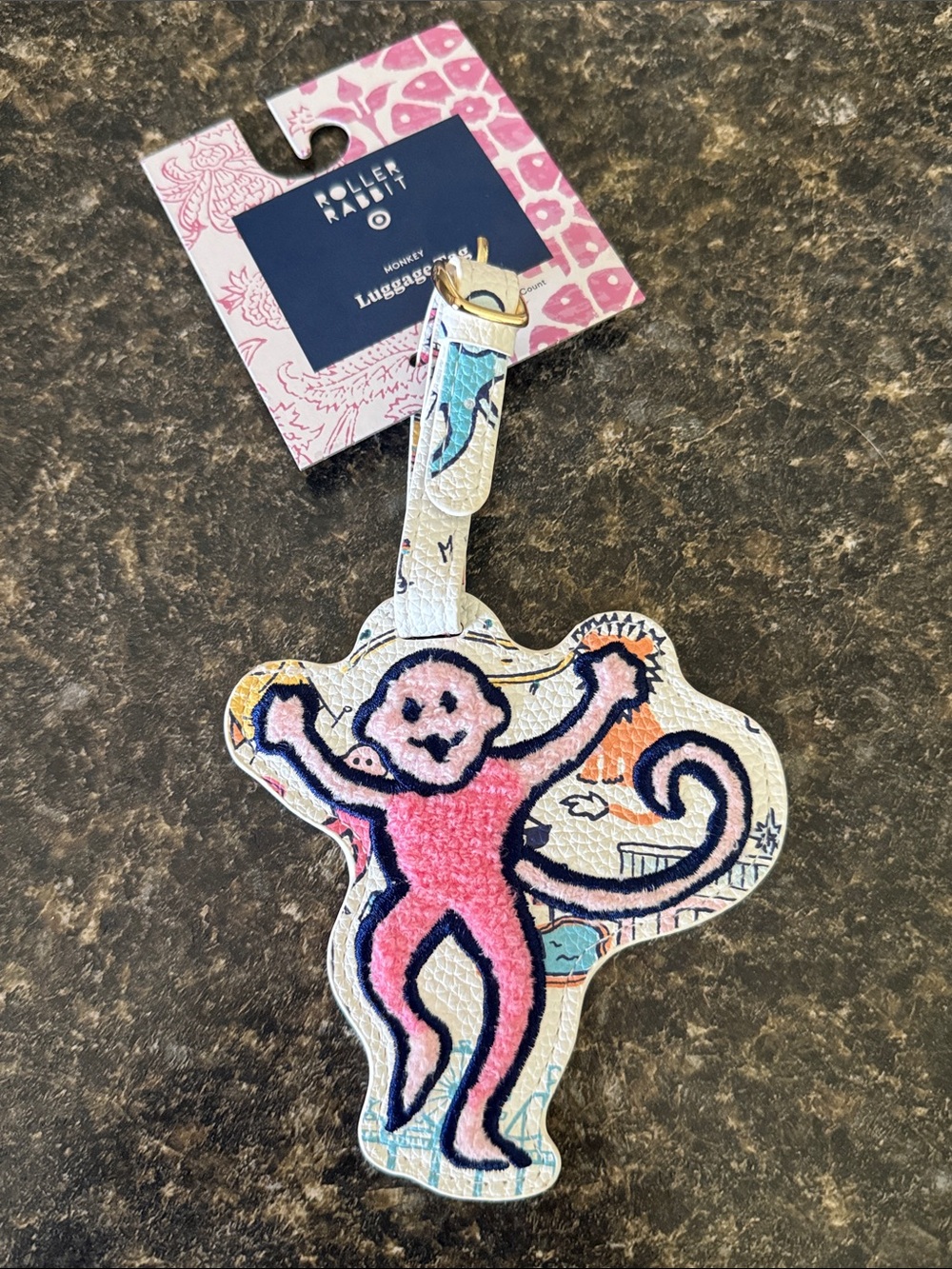 Roller Rabbit Pink Monkey Luggage Tag with Patterned Trim